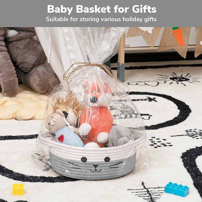 Small Woven Rope Cat Toy Basket with Cat Face Design, White Grey | 9.8" x 4" Cute Cat Basket for Living Room, Decorative Baby Storage Basket, Pet Gift Basket Empty with Sturdy Handles