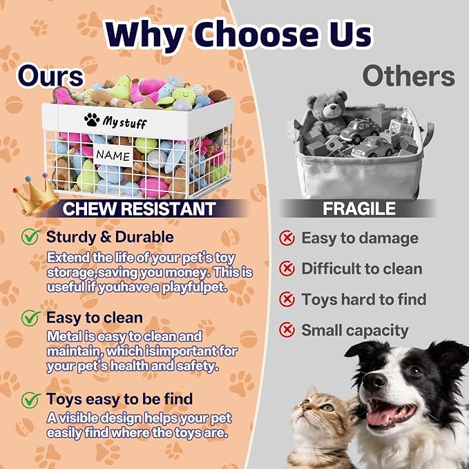 Kaiferty Indestructible Large Dog Toy basket, Chew-Proof Medium Toy Bin for Dogs, Pet Toy Bin Dog Metal Basket for Toys, Puppy Toy Storage Organizer Blankets, Toy Box for Living Room Area (White)