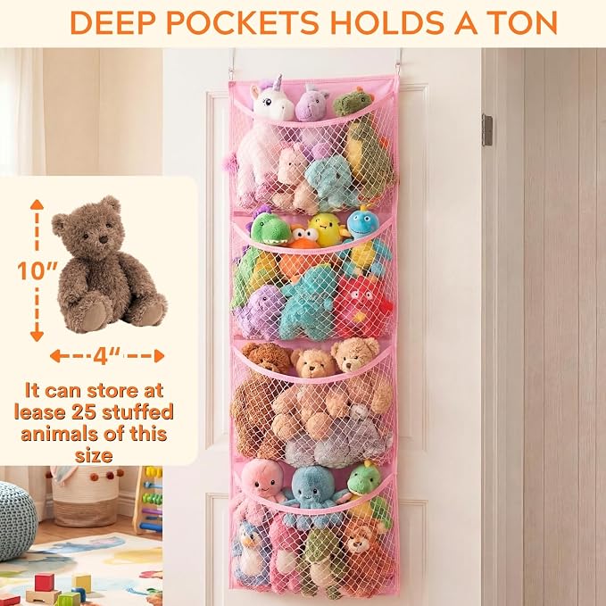 Over The Door Stuffed Animal Storage, Cotton Toy Organizer for Storage Plush Toys,Baby Supplies, Stuffed Animal Holder with 4 Large Pockets, Hanging Door Organizer for Nursery, Bedroom (Pink)