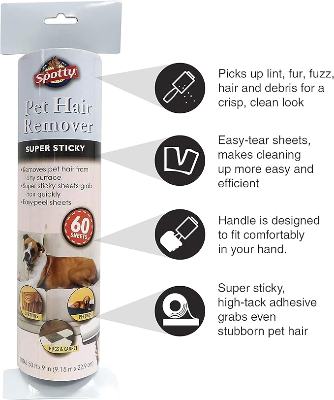 Spotty Supersize Extra Sticky, Adhesive Lint Roller Refill, Pet Cat & Dog Hair Remover for Clothes and Furniture, 60 Sheet ct