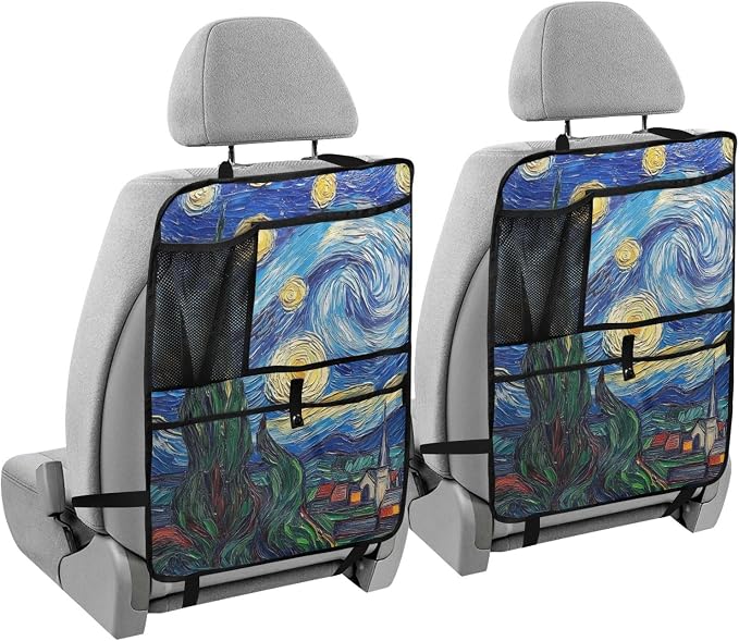 JIPONI Car Backseat Organizer, Van‘Gogh Starry Art Automotive Back Seat Protector, Kick Mats with Storage Pockets for Kids Pets, Road Trip Accessories (2 Pack)