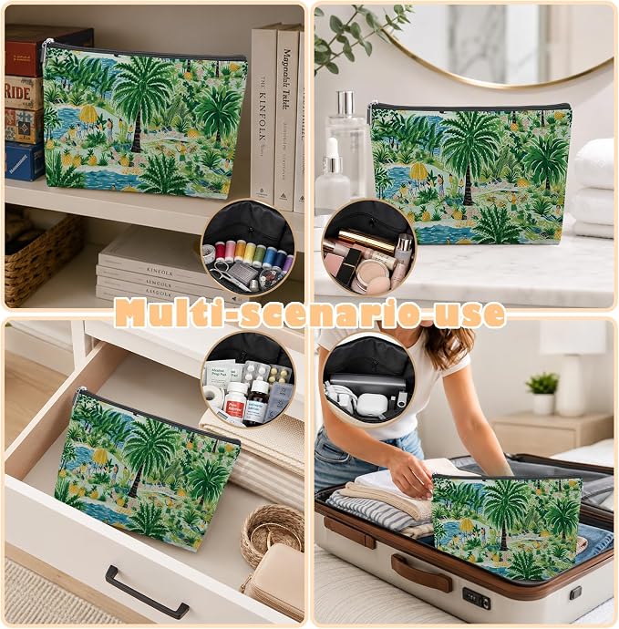 Green Summer Tropical Beach Empty Mahjong Tile Bag 13x7.8 Inch | Palm Tree Printed Portable Travel Case Organizer Zipper Pouch for American Mahjong Tiles Game Night Accessories and Gifts