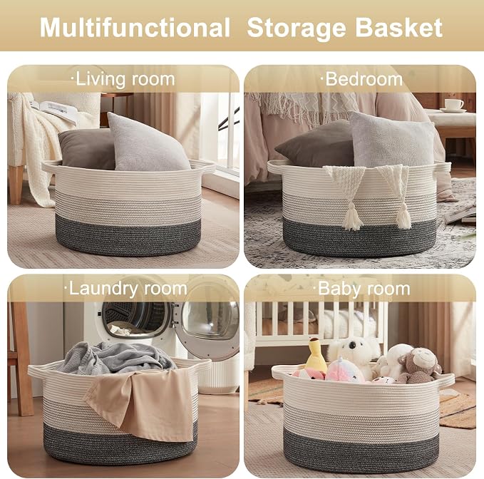 OIAHOMY 90L Extra Large Blanket Basket - Decorative Cotton Rope Storage Basket for Bedroom, Living Room & Nursery - Woven Laundry Hamper for Organizing Blankets, Clothes & Toys - Black and White