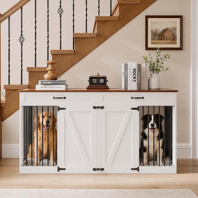 Garvee 71'' Dog Crate Furniture for 2 Dogs, Dog Crate with 2 Drawer, White | Farmhouse Dog Crate TV Stand with Removable Divider Dog Kennel Furniture, Heavy Duty Dog Cage and TV Stand for Large Medium