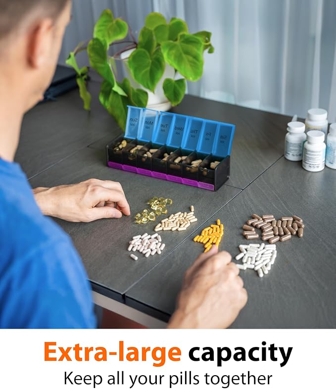 Extra Large Pill Organizer- XXL Pill Box 7 Day - Weekly Pill Organizer with AM PM Large Compartments Big Pill Case for Supplements Jumbo Pill Holder for Vitamins Huge Medicine Organizer 2 Times a Day