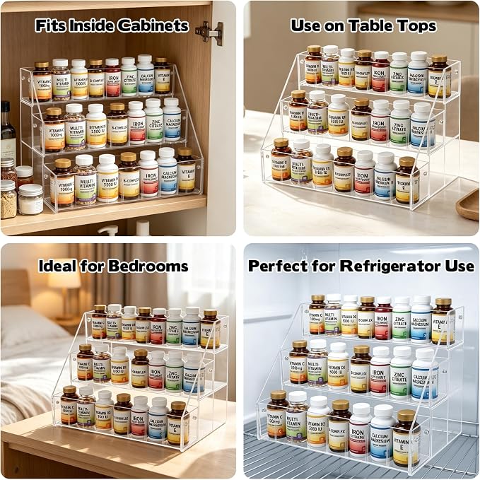 Rainmae 3-Tier Vitamin Storage Organizer, Medicine Cabinet Organizer, Pill Bottle Organizer, Medicine Bottle Organizer for Countertop, Shelf for Vitamin Bottles Pills Medical Supplies Bathroom Cabinet
