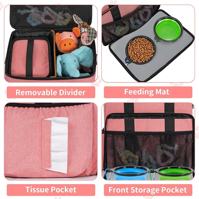 TORIBIO Large Dog Travel Bag for Supplies with Food Bowl | With 2 Food Container and Collapsible Bowls, Mat & Divider, Water-resistant, Pet Travel Kit for Weekend, Road Trips, Camping