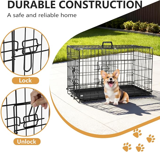 FDW 30-Inch Dog Crate Pet Cage with Metal Folding Design Plastic Tray Indoor Outdoor Dog Kennel Cage for Small and Medium Dogs,Dark Black