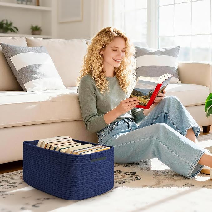 2 Pack Large Storage Basket for Organizing, 17.5"x13"x7" Woven Basket for Shelves, Closet Cube Storage Bins with Wrapped Handle, Cotton Rope Baskets for Kitchen, Clothes, Toys(Navy Blue)
