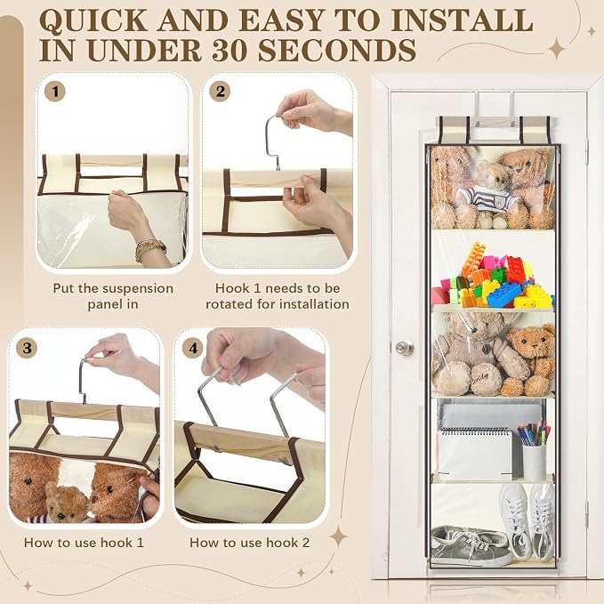SATINIOR Hanging Stuffed Animal Storage with Zippers Dustproof over The Door Organizer with Large Pockets Different Hanging Methods for Shoes, File(Beige,5 Layer)