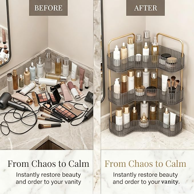 3-Tier Corner Bathroom Organizer, Skincare Vanity Counter Shelf Grey | Premium PET Perfume Display Stand with Gold Metal Rods, Space-Saving 90 Degree Storage Rack for Dresser