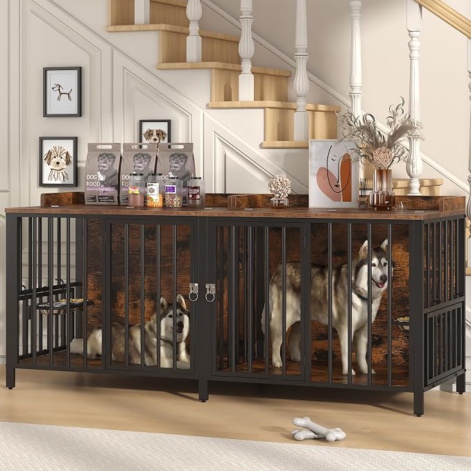 BOINN 78 Inch Dog Crate, Large Dog Crate for 2 Dogs, Dog Kennel Indoor for Large/Medium Dogs with Top Access Door, XL Wooden Dog Cage with 360 Degree Rotatable Stainless Bowls, Heavy Duty Steel Frame