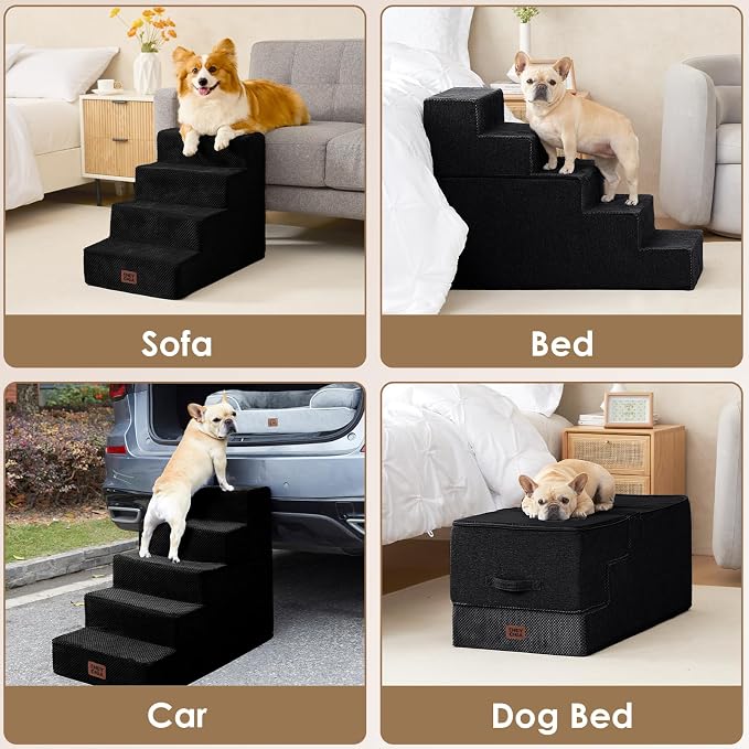 EHEYCIGA Dog Stairs for Bed 20" H, 4-Step Extra Wide Dog Steps, Black | Pet Steps for Small Dogs and Cats for High Bed, Non-Slip Balanced Pet Ramp Indoor