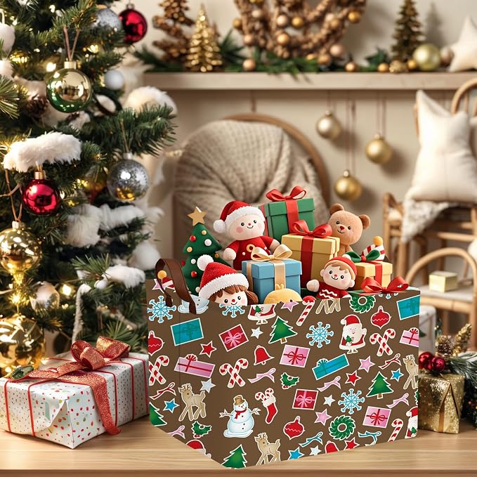 Empty Large Christmas Basket for Gifts Women Collapsible Storage Bin Kids Toy Box Holiday Décor (Santa Claus Snowman Brown)