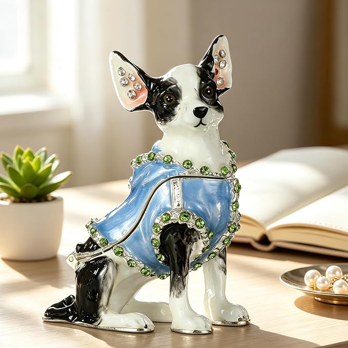 Hand Painted Enamel Chihuahua Trinket Box, Hinged Metal Vintage Jewelry Treasure Organizer