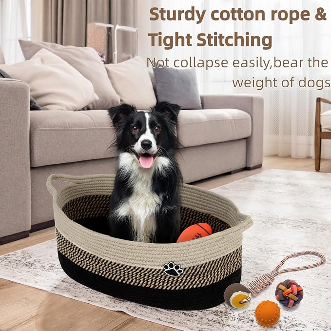 Optish 40L Extra Large Dog Toy Basket, XL Toy Storage Box and Bin with Handles, 20" x 14" x 9" Woven Cotton Rope Foldable Basket for Blankets, Living Room, Bedroom, Home Decor, Black & Brown