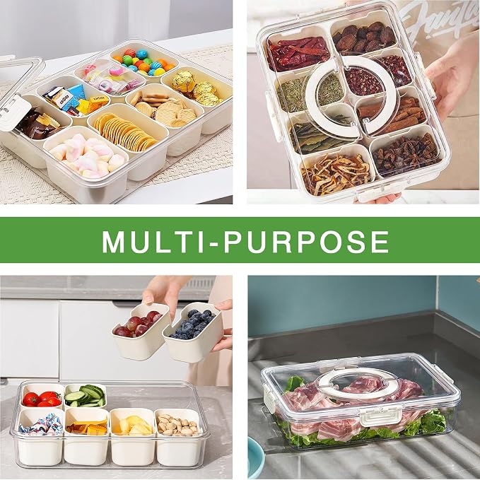 2Pcs Snackle Box Snack Containers with Lid Divided Serving Tray with Handle | Portable Snack Platter Fruit Veggie Trays Snackele Box Containers for Charcuterie, Party, Snack, Nuts, Beach, Travel, Picnic