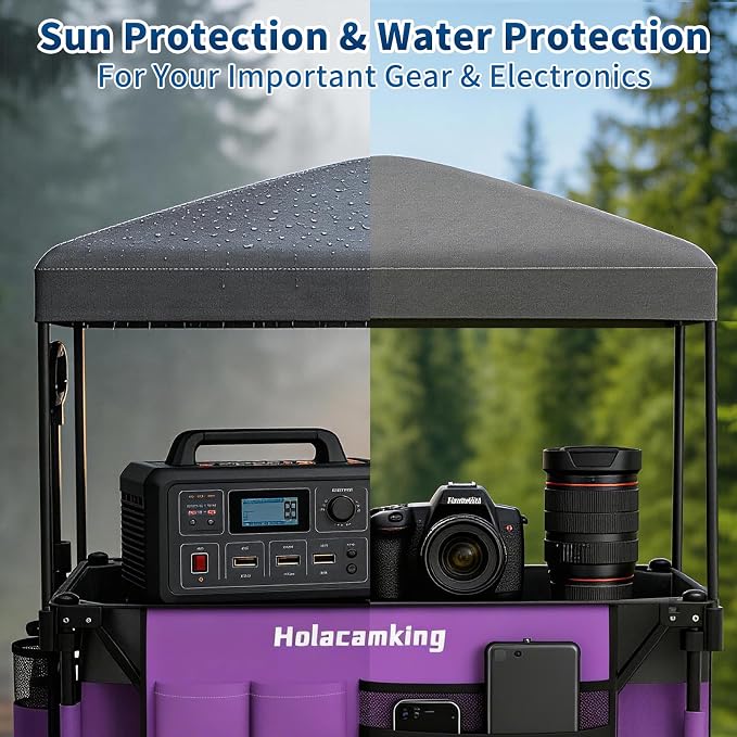 Collapsible Canopy Wagon Cart, Heavy Duty Utility Wagon with Removable Sun Cover, All-Terrain Big Wheels, Dual Brakes, Extra Large Grocery Cart for Beach Camping Sports Tailgates (Purple)