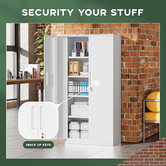 Greenvelly White Metal Storage Cabinet for Garage, 72” Steel Locking Cabinet with Doors and 4 Shelves, Tall Tool Cabinets for Garage Storage Systems Lockable File Cabinet for Home Office, Classroom