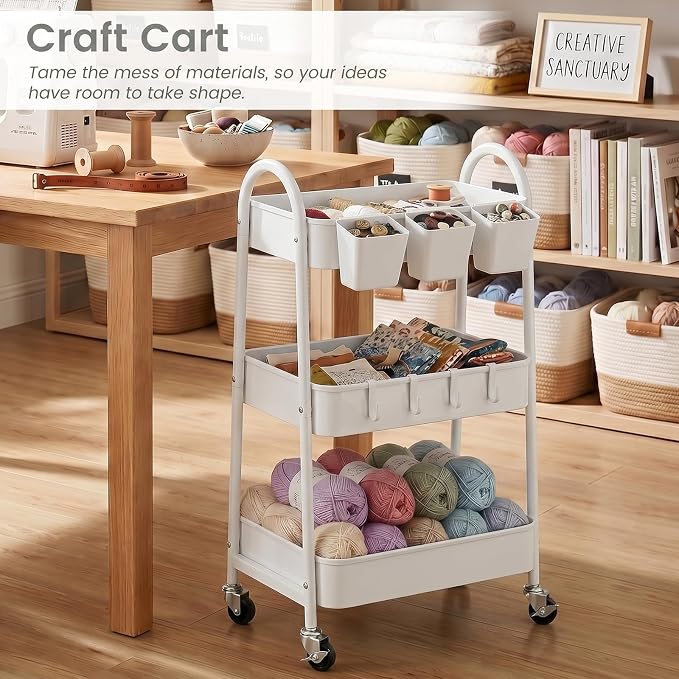 danpinera 3-Tier Rolling Cart, Utility Cart Mobile Metal Rolling Storage Cart with Lockable Wheels & Hanging Cups & Hooks for Kitchen, Bathroom, Office, Workshop, White