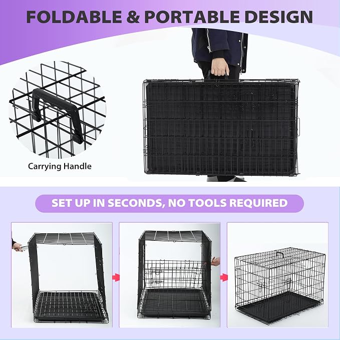 BestPet | Dog Crate | 48" | Black | Foldable Metal Kennel with Double Doors | Secure Slide-Bolt Latches, Leakproof Tray | Portable Dog Cage for Large Breeds | for Travel, Indoor & Outdoor Use