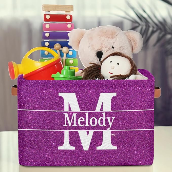 Custom Initial Letter Storage Basket, Dark Magenta Purple Glittering