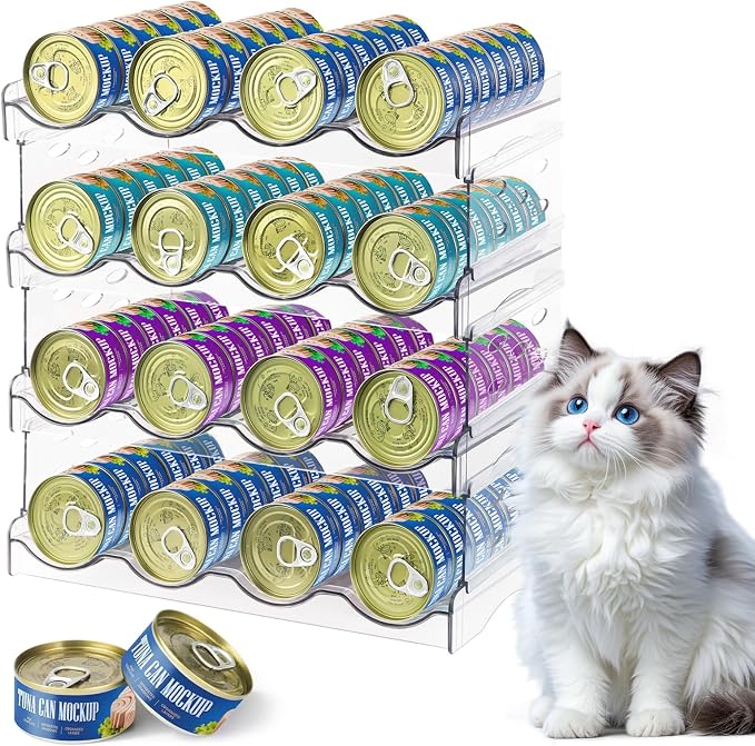 REFLYING Cat Food Can Organizer 4-Tier Holds 96 Cans Acrylic | Clear acrylic 4-tier cat food can organizer,Holds 96 cans 3oz-12.5oz,Stackable pantry storage for multi-cat households