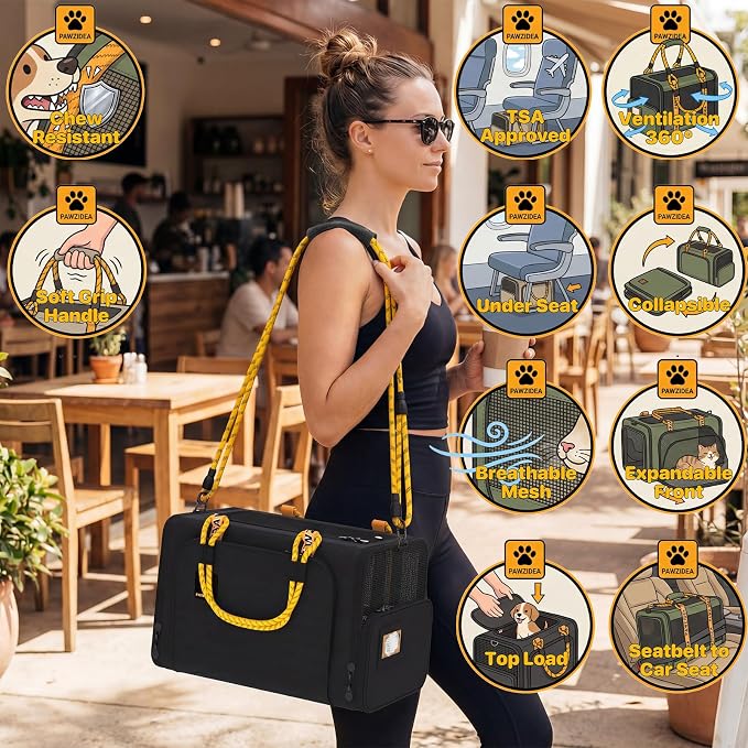 PAWZIDEA Expandable Pet Carrier for Small Cats & Dogs, TSA Airline Approved | 18"×11"×11" Soft-Sided Small Dog Travel Bag, Collapsible Top-Load Cat Carrier for 2 Cats Under Seat, Puppy Car Seat Up 15lbs