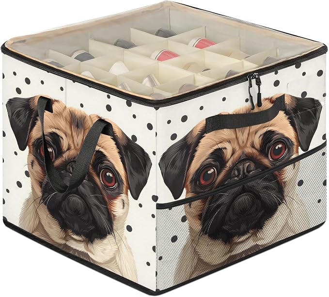 TropicalLife Polka Dots Pug Dog Shoe Organizer for Closet | Foldable Shoe Storage Box Bin 16-32 Pair Shoe Storage for Sneakers, Boots & Heels with Adjustable Dividers, Clear Cover