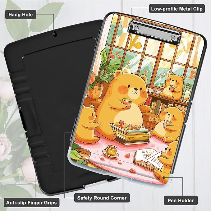 A4 Clipboard with Storage Pen Holder, Clipboards Organizer Nursing Clipboard Foldable File Folder Plastic Clipboard Folio Clip Board for Office Work Classroom Doctor, Bear Lunch
