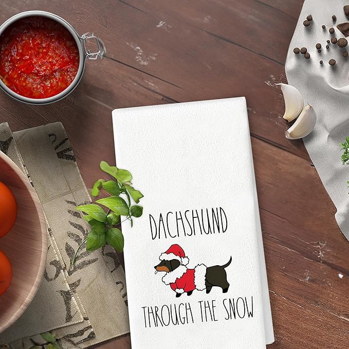 Dachshund Christmas Kitchen Towels - Wiener Dog Dish Towels, Merry Christmas Dachshund Gifts for Women, 16x24