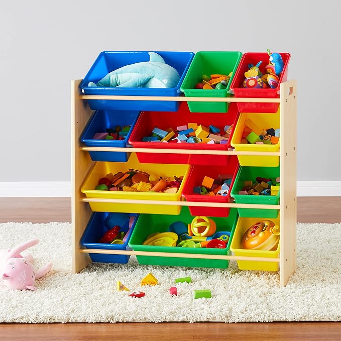 Amazon Basics Kids Toy Storage Organizer With 12 Plastic Bins, Natural Wood, Multicolor, for Bedroom and Playroom, 33.85"D x 12.79"W x 35.42"H