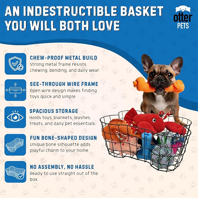 OtterPets Metal Dog Toy Basket Bone Shaped Indestructible Dog Toy Bin 17x13 | 17" long, 13" wide, 7" tall, metal wire dog storage organizer, dog toy bin, dog toy box, pet toy basket, dog toy storage