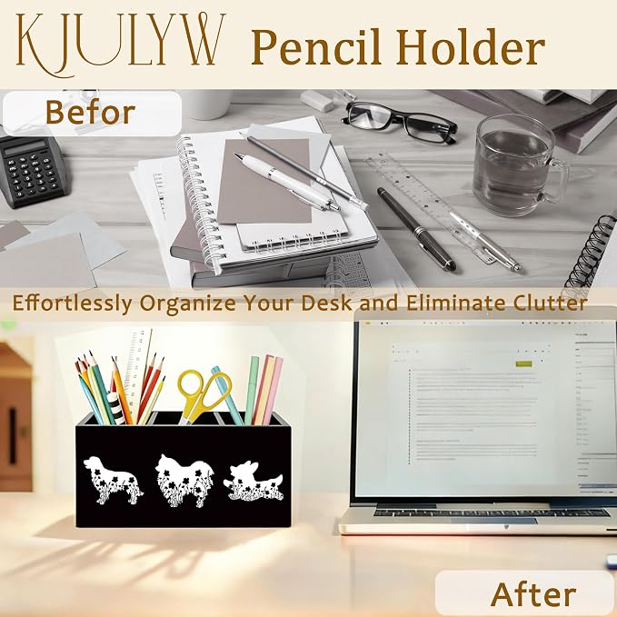 Dog Pen Holder for Desk, Pet Lover Owner Gifts, Black and White Floral Dog Wooden Box Pencil Pen Holder Organizer for Home Office Desk Accessories