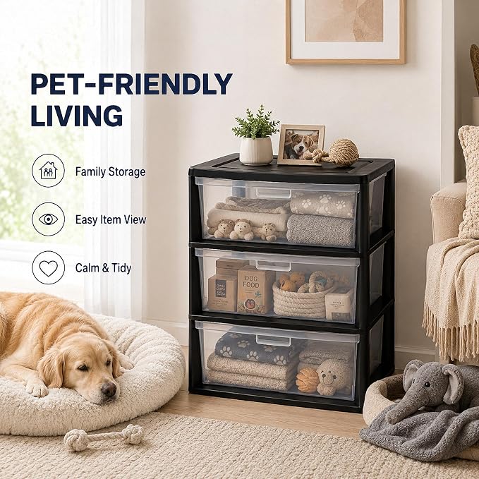 3 Drawer Plastic Storage Tower Wide Organizer for Closet Bedroom (Black) | Stackable wide drawers for clothes, toys and crafts. Durable see-through plastic provides quick visibility.