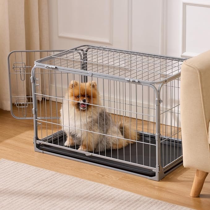 ZOMISIA Collapsible Dog Crate for Small Dogs - 30 inch Escape Proof Metal Dog Kennel with Double Door, Easy Assembly Foldable Dog Cage with Removable Tray, Indoor Outdoor Use, Silver Gray