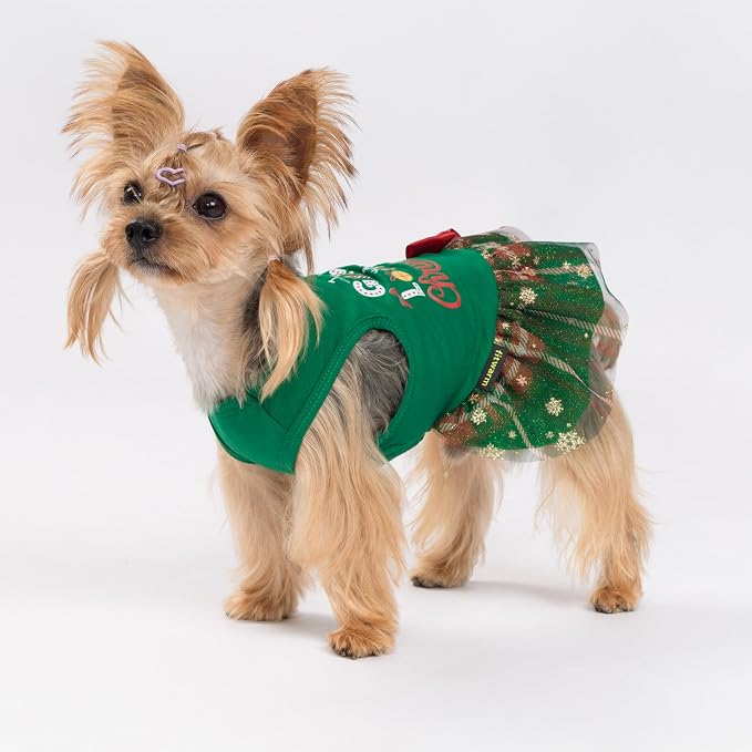 Fitwarm Just a Girl Who Loves Christmas Dog Tulle Dress, Funny Christmas Clothes for Small Dogs Girl, Holiday Pet Outfit, Red, White, Green, Yellow, XS