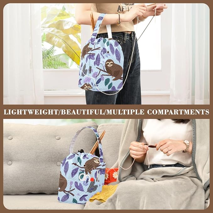 Tatenale Crochet Bag Yarn Bag Knitting Project Bag with Pockets and Handle Portable Yarn Storage Organizer Tangle Free 8.3x11 InchCartoon Sloths Branch Purple35