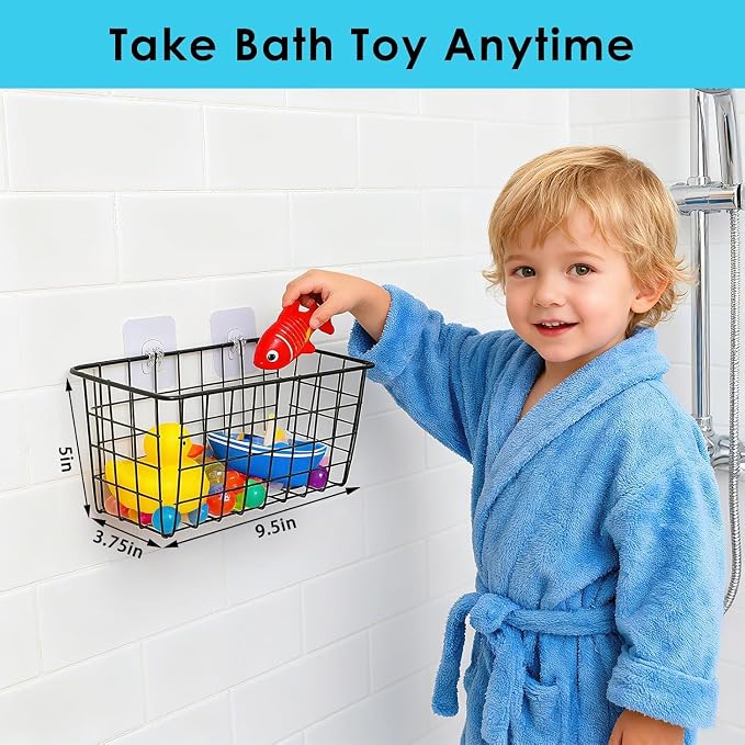 Hanging Bath Toy Storage Basket - 2 Pack Metal Bath Toy Holder with Hooks - Bathtub Toy Storage Organizer for Baby Bath Kids Shower Bathroom