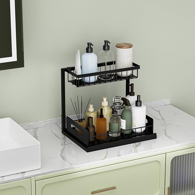 Under Sink Organizer and Storage, Slide Out Cabinet Organizer, Pull Out Sink Shelf for Kitchen Bathroom Laundry, 2 Pack Black