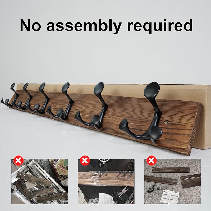 SKOLOO 36-Inch Wood Coat Rack Wall Mount with 6 Triple Hooks, Pine Material, Charred Golden Brown Finish, Ideal for Family Entrances, Classrooms, and Pet Supplies Storage, Pack of 2