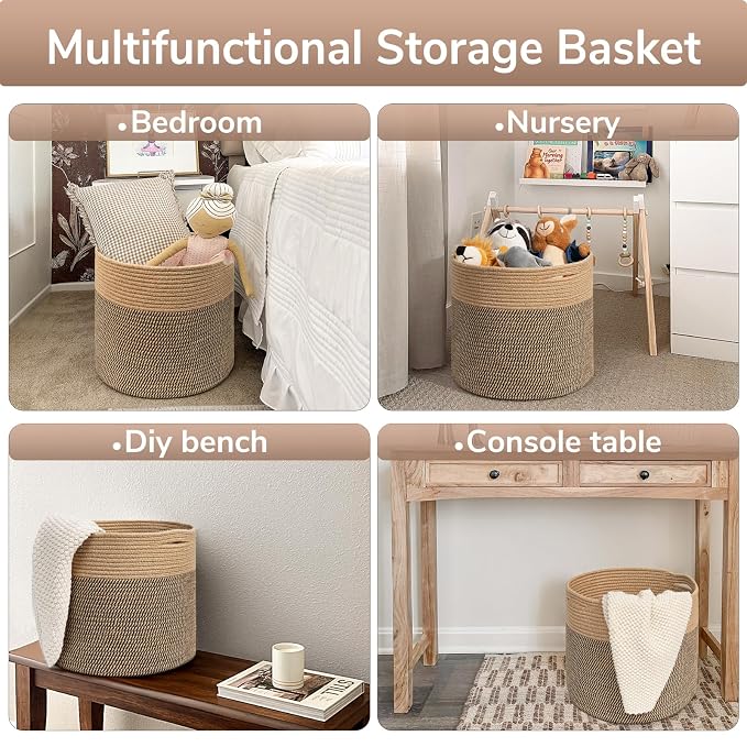 Goodpick Wicker Basket for Blankets Fit Nursery & Living Room, 45L | 15.8 x 15.8 x 13.8 In Storage Basket for Toys Shoes, Cute Baby Laundry Hamper for Towels, Clothes, Jute