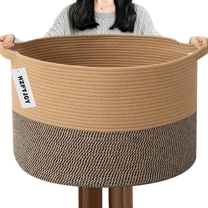 65L Large Blanket Basket,Rope Woven Laundry Baskets-Jute&Black | Collapsible, reinforced handles, nursery storage bin organizes clothes, toys and pillows for living room, bedroom bathroom