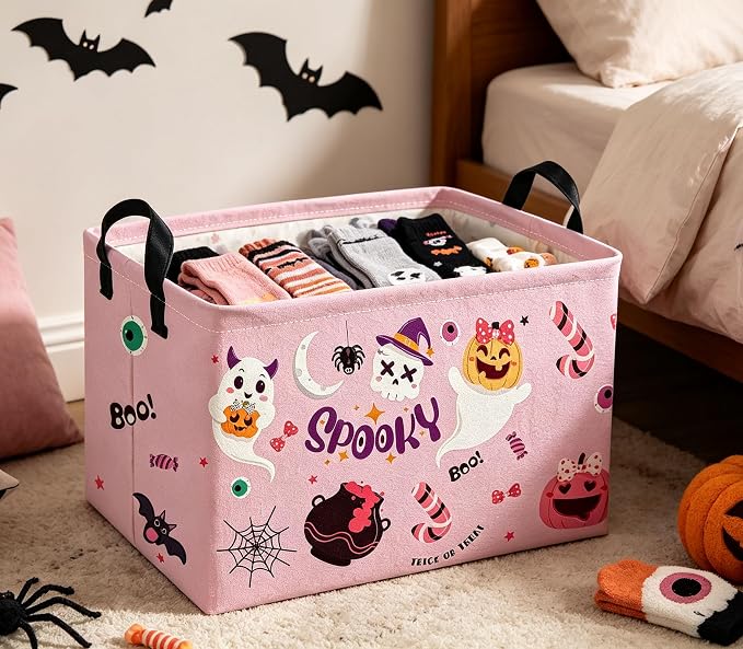 Rectangle Kids Baskets Halloween Basket Pink Storage Bin Fish Box for Room Decor Gift Basket(Pink halloween)