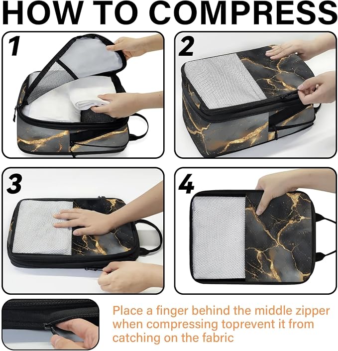 Black 6 Set Compression Packing Cubes Marble Expandable Packing Organizer for Travel Accessories Luggage Suitcase Bag