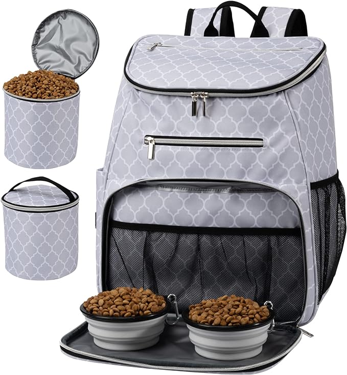 BAGLHER Dog Travel Bag Backpack, Airline Approved Pet Supplies Backpack, Dog Travel Bag with 2 Silicone Collapsible Bowls and 2 Food Baskets DLWhite