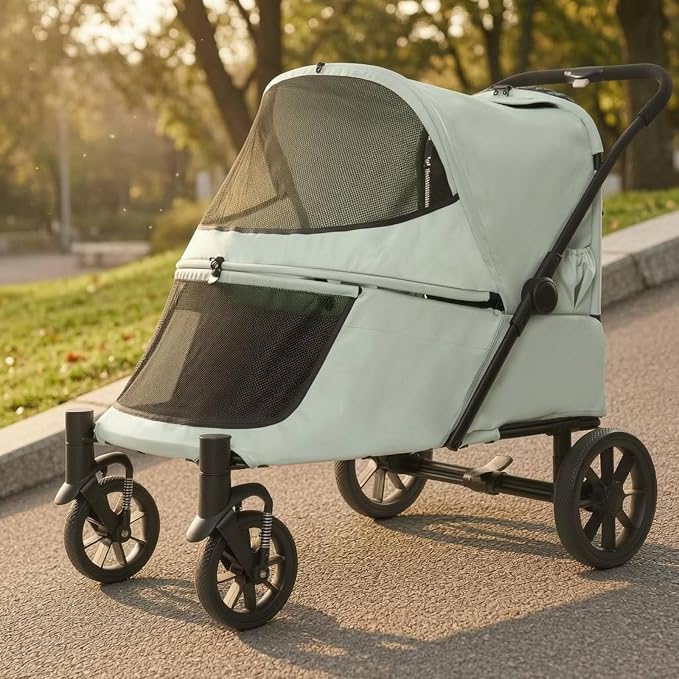 Outdoor Transport Cart Pet Folding Enclosure Steel Carrier Mesh Ventilated Window Easy Entry Four Wheels Suitable for Pet Walks Shopping, Light Green, Light Green