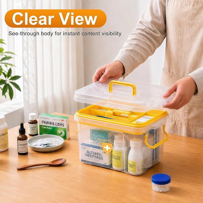 15QT Clear Medicine Organizer Box with Handle, Plastic Medicine Container with Tray First Aid Box Empty, Thickened Medicine Storage Organizer Multipurpose Medication Organizer Storage, Yellow
