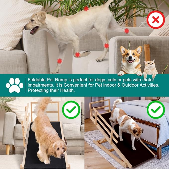 Dog Ramp for Bed & Couch, Foldable Wooden Pet Ramp, 5 Adjustable Heights | Height up to 31", Portable Dog Ramp with Non-Slip Rubber Surface & Safety Railings, Pet Ramp for Small, Large, Senior Dogs