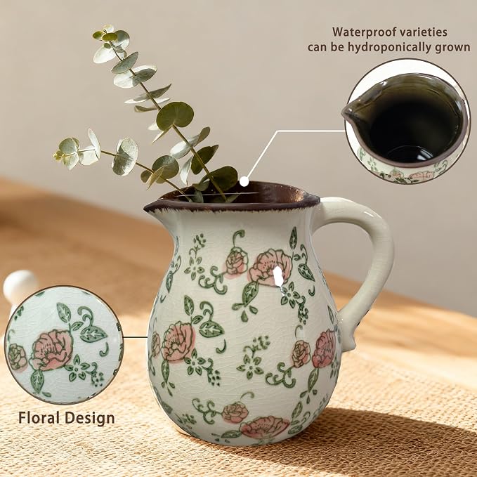 Utensil Holder for Kitchen Countertop, Rustic Ceramic Utensil Crock | Utensil Organizer Crock with Handle for Kitchen Counter, Vintage Farmhouse Home Decor, Flower Pot, Countertop Spoon Tools
